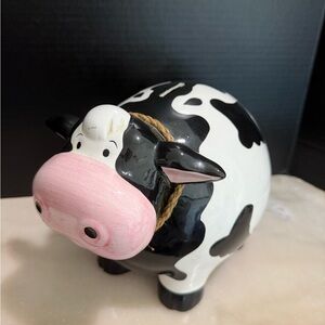 CERAMIC 8X10" WHITE BLACK HUMOR COW PIGGY BANK WITH PINK NOSE